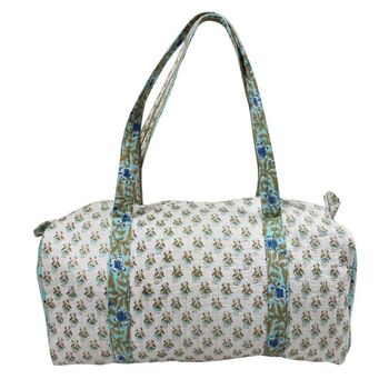 Block Printed Aqua, White And Green Floral Quilted Duffle Bag, 9 of 9