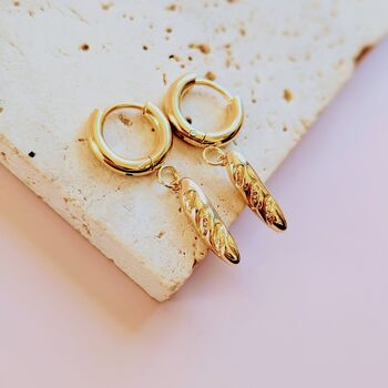 Baguette Charm Gold Plated Huggie Hoop Earrings, 2 of 5