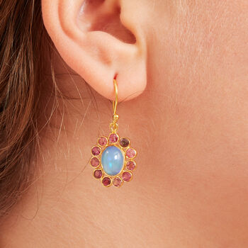 Opal Pink Tourmaline Flower Gold Plated Silver Earrings, 3 of 7