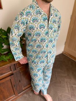 Mens Cotton Pyjamas In Blue And Green Print, 3 of 11