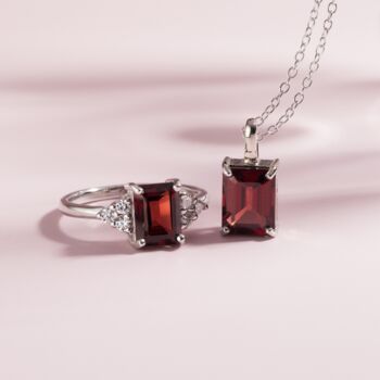 Garnet Emerald Cut Ring In Sterling Silver And Gold, 3 of 10