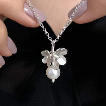 Silver Blossom Flower Pearl Necklace, 3 of 5