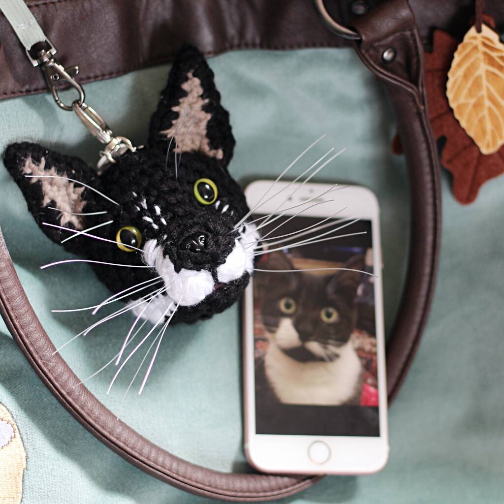 Personalised Crocheted Cat Head Bag Charm Keyring, 1 of 11