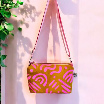 Boxy Crossbody Bag Pink Squiggles On Mustard, 3 of 5