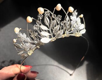 The Agatha Mini Crown Flower Girl Bridal Pearl Oak Leaf Tiara Headband, 6 of 11