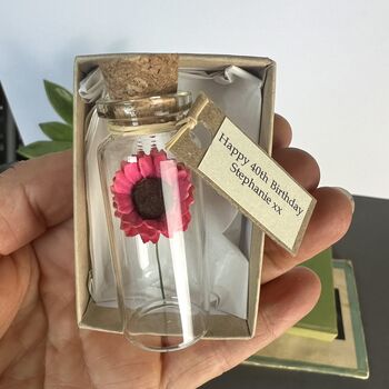 Tiny Gerbera Daisy In A Bottle With Personalised Tag, 2 of 11