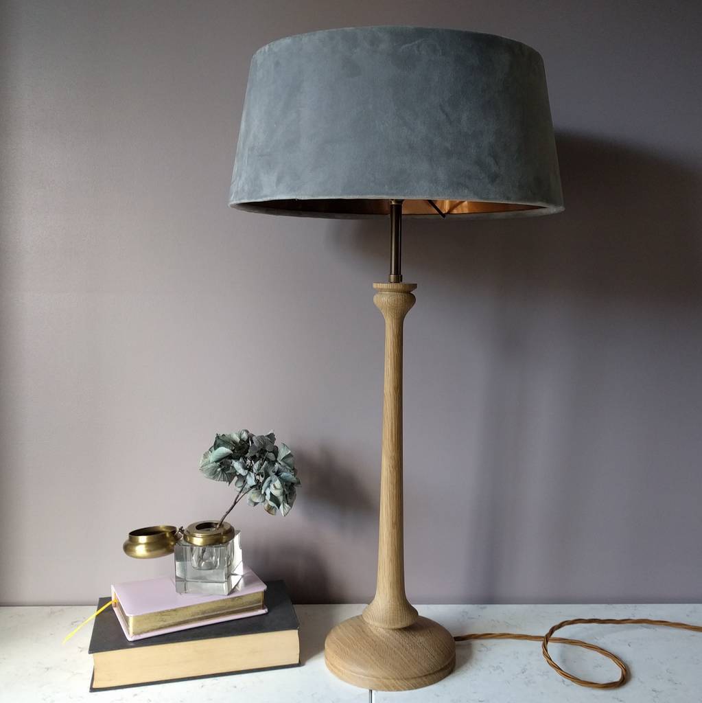 grey velvet oak turned lamp by beauvamp