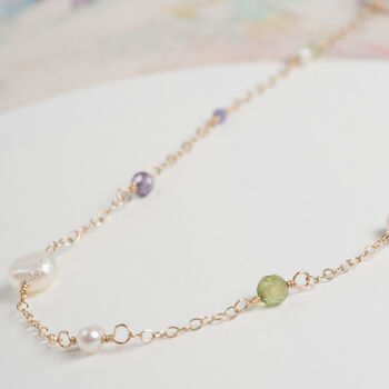 Dainty Peridot Zircon Pearl Chain Necklace, 4 of 12