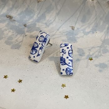 Minimalist Blue Floral Ceramic Bar Stud Earrings, Dainty Rectangular Studs, 6 of 11