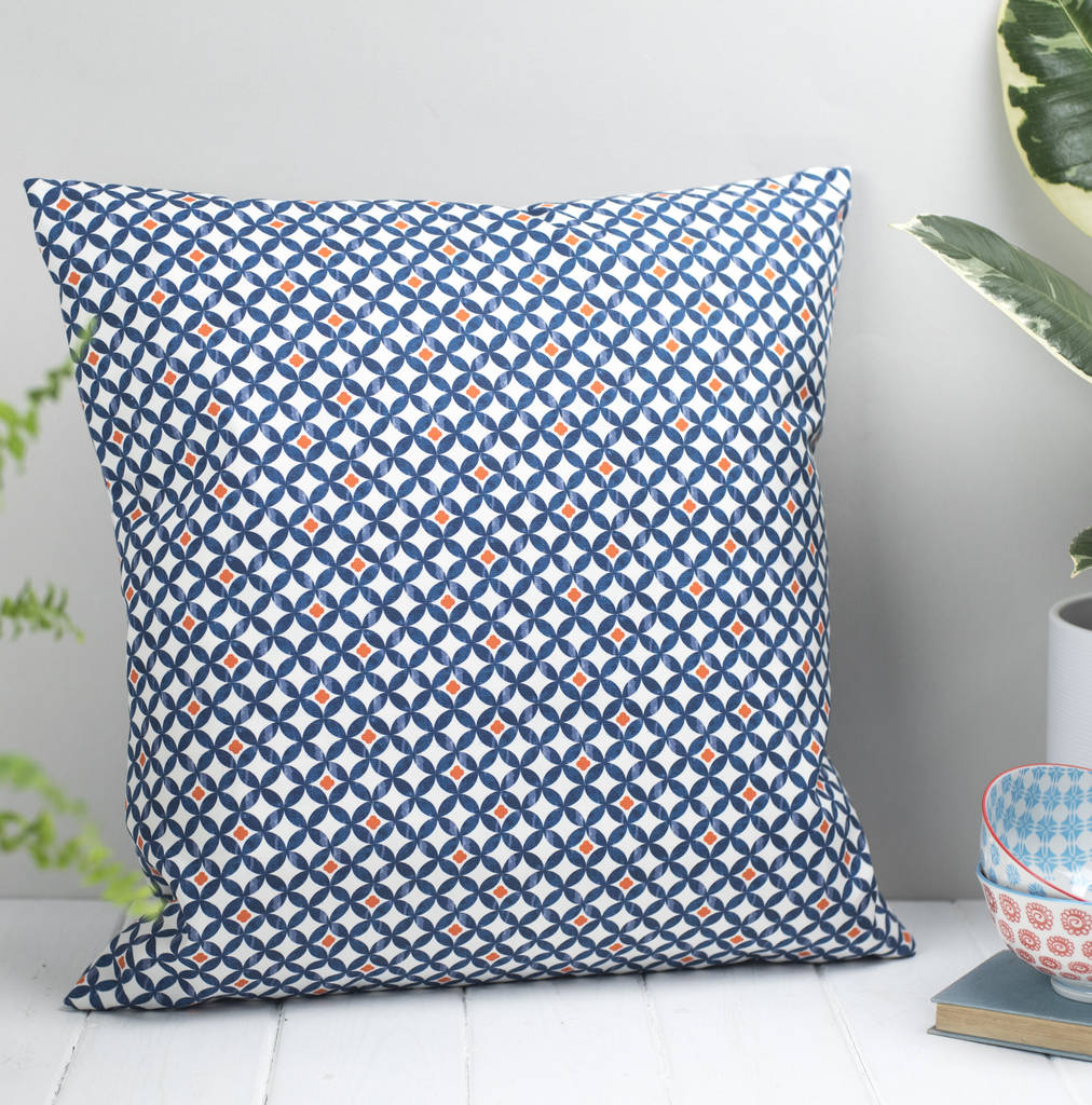 Safiya Feather Cushion, Blue And Orange Geometric, 1 of 2