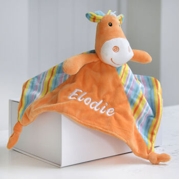 Personalised Orange Stripy Giraffe Baby Comforter, 2 of 5