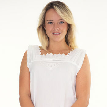 White Cotton Sleeveless Embroidered Victorian Nightdress Chemise, 3 of 7