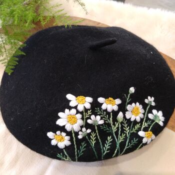 Black Beret Hat With Hand Embroidery Flower, 2 of 6