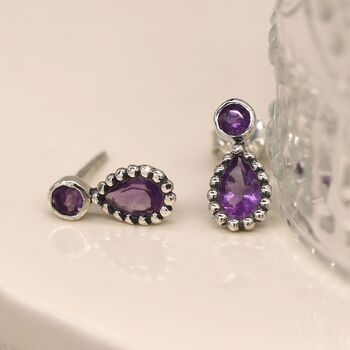 Teardrop Sterling Silver Amethyst Stud Earrings, 5 of 10