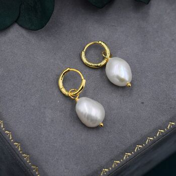 Baroque Pearl With Skinny Hammered Hoop Earrings, 5 of 11
