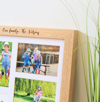 Personalised Solid Oak Nine Aperture Photo Frame With Mount, 3 of 6