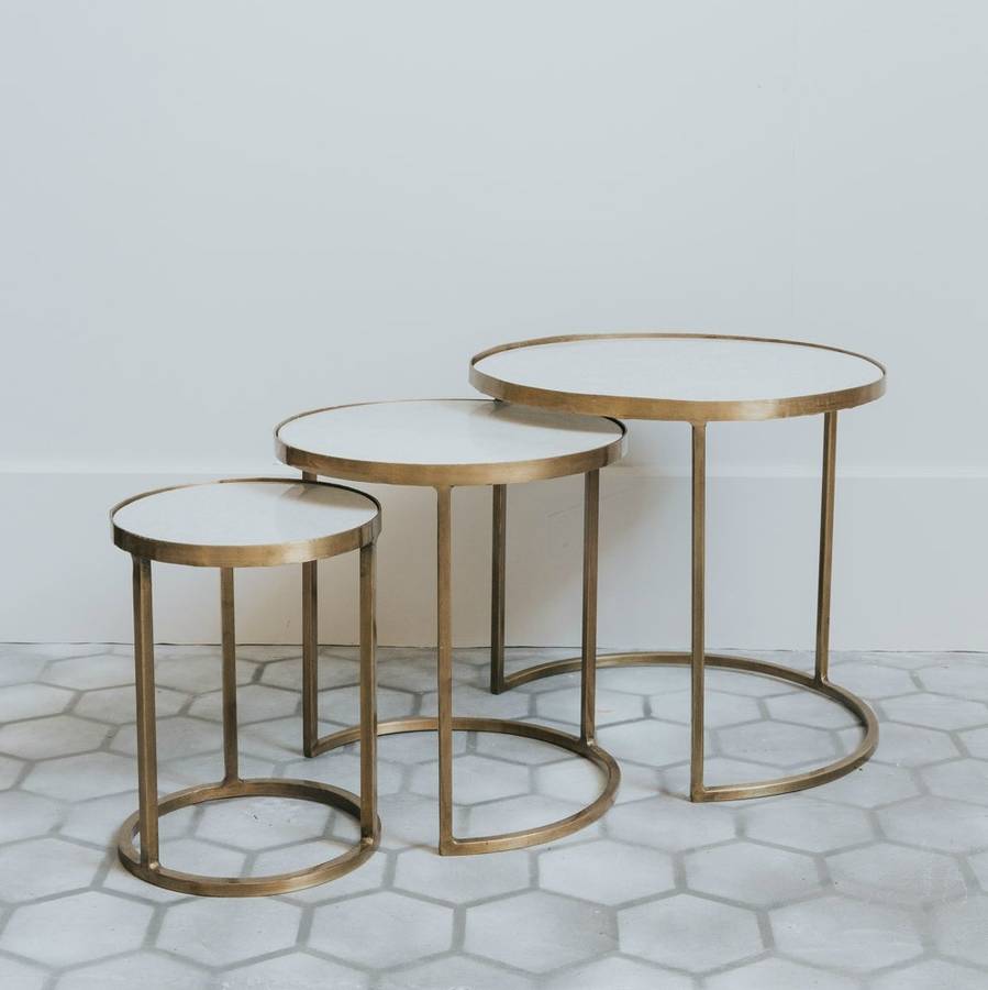 white marble and brass nesting coffee tables by rose & grey