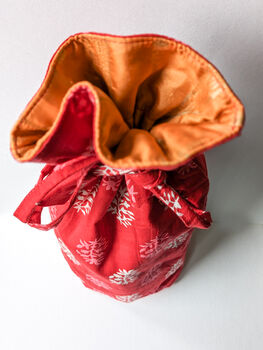Red Soft Cotton Pouch, Drawstring Reusable Cotton Bag, Indian Kalamkari Print, 2 of 4