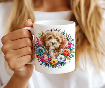 Personalised Cavapoo Summer Floral Dog Wreath Cushion And Mug Gift Bundle, 2 of 4