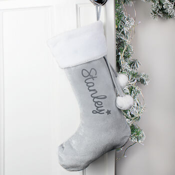 Personalised Name Star Silver Grey Christmas Stocking, 2 of 4