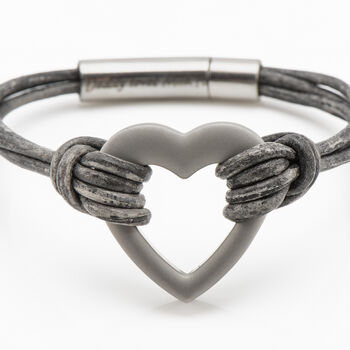 Personalised Metallic Black/Silver Leather Remembrance Bracelet With Engraved Stainless Steel Heart Urn And Clasp, 5 of 10