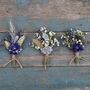 Set Of Three Wedding Dried Flower Dainty Buttonholes Meadow Blues, thumbnail 1 of 4