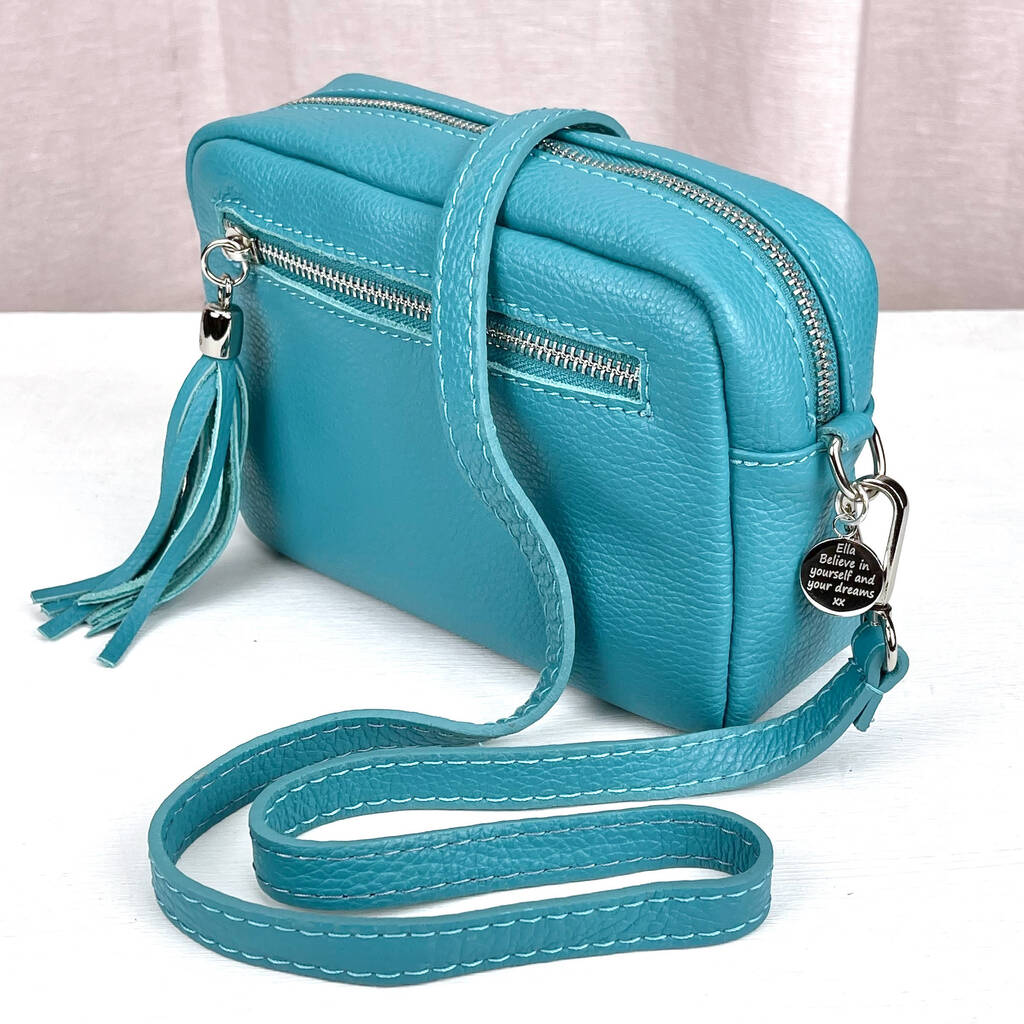 Turquoise Leather Cross Body Bag With Patterned Strap By Penelopetom