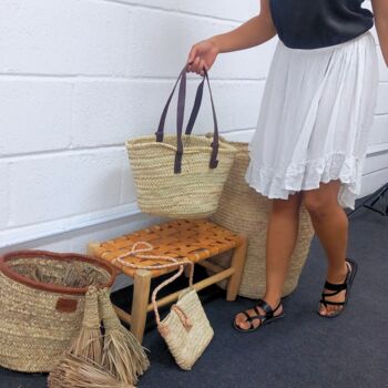 French Shopper Market Basket Palm Leaves Adjustable Leather Straps, 4 of 4