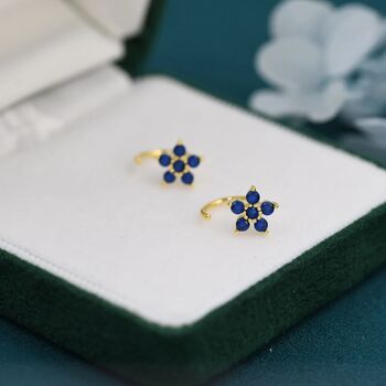 Tiny Sapphire Blue Forget Me Not Flower Cz Hoop Earrings, 5 of 11