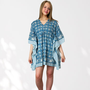 Blue Floral 100% Cotton Beach Kaftan, 3 of 7