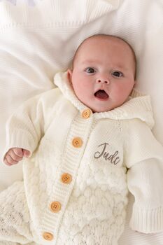 Cream Chunky Knit Personalised Embroidered Long Sleeve Pramsuit With Hood, 5 of 9