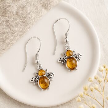 Sterling Silver Baltic Amber Bee Earrings, 2 of 4