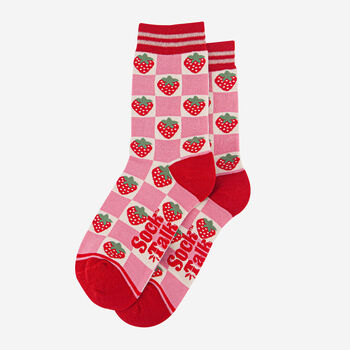 Women's Strawberry Checkered Bamboo Socks Pink Red, 2 of 4