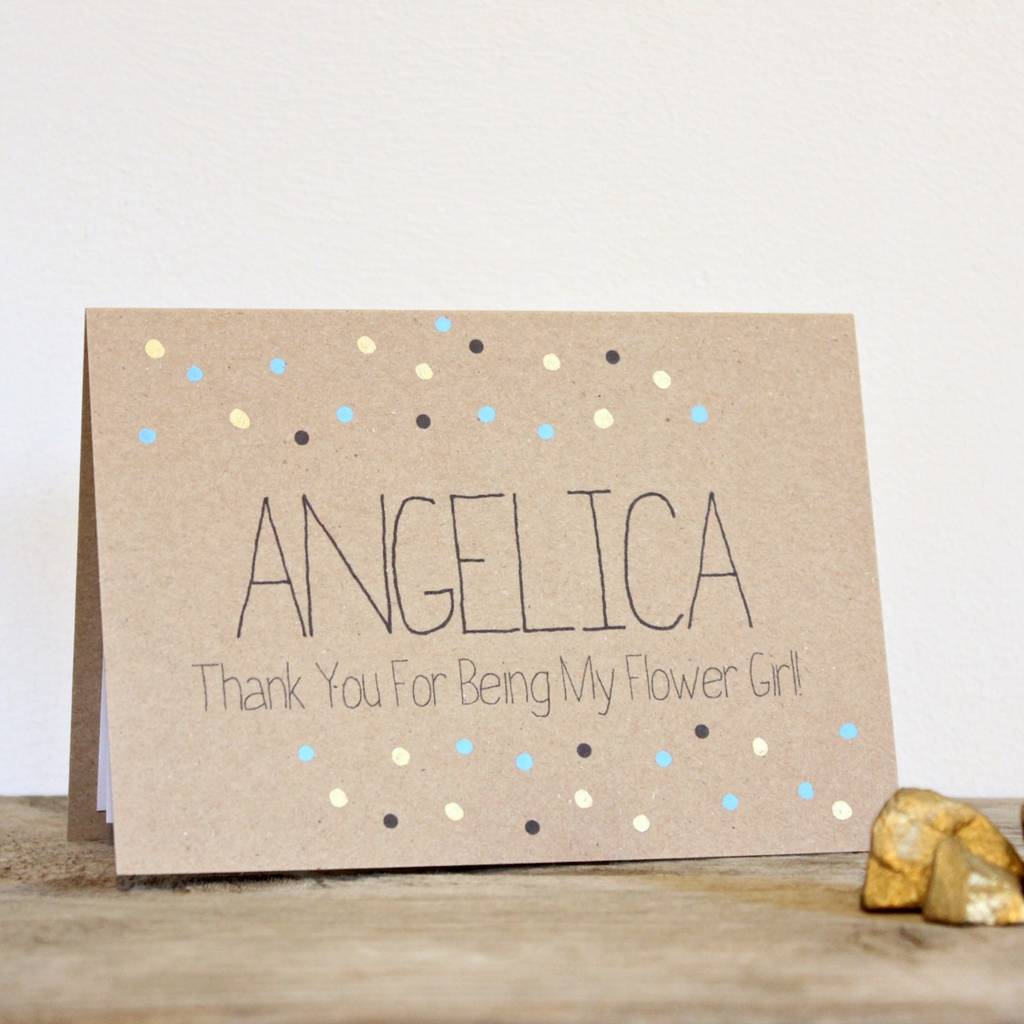personalised flower girl thank you card with gold dots by little