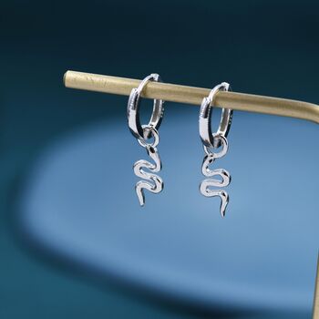 Snake Huggie Hoop Earrings In Sterling Silver, 2 of 12