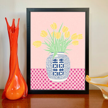 Ginger Jar Of Yellow Tulips Illustration Art Print, 3 of 5