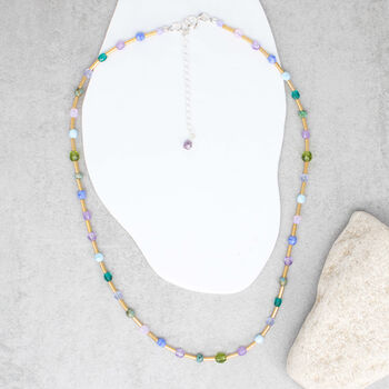 Willow 16 Inch Beaded Purple, Teal And Green Coloured Necklace, 3 of 4
