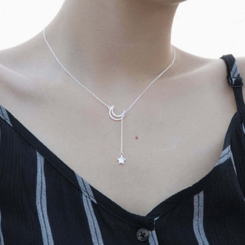 Sterling Silver Moon And Star Threader Necklace, 1 of 5