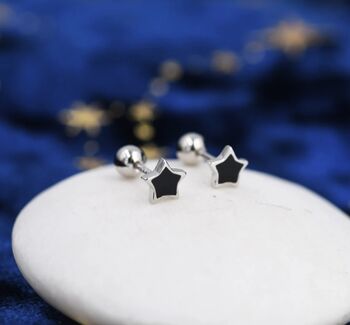 Tiny Black Enamel Star Barbell Earrings Sterling Silver, 5 of 10