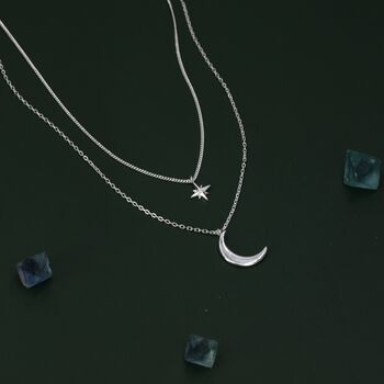 Sterling Silver Two Layer Crescent Moon And Star Pendant Necklace, 5 of 12