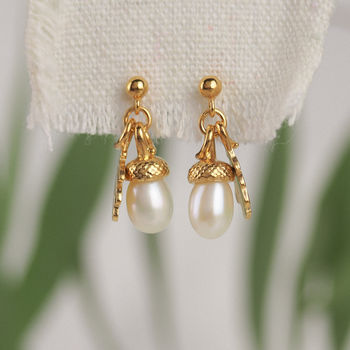Pearl Acorn Earrings With Oak Leaves, 5 of 6