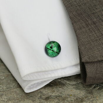 Emerald Green Round Fused Glass And Silver Cufflinks, 3 of 10