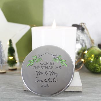 First Christmas As Mr And Mrs Scented Candle With Lid, 5 of 10