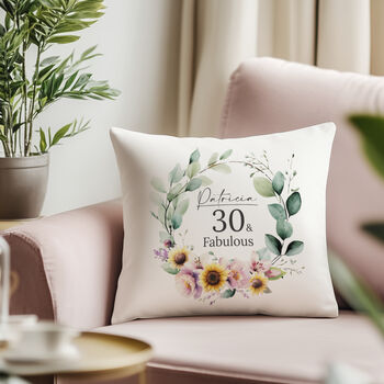 '30 And Fabulous' Personalised Birthday Cushion With Birth Flowers, 3 of 7