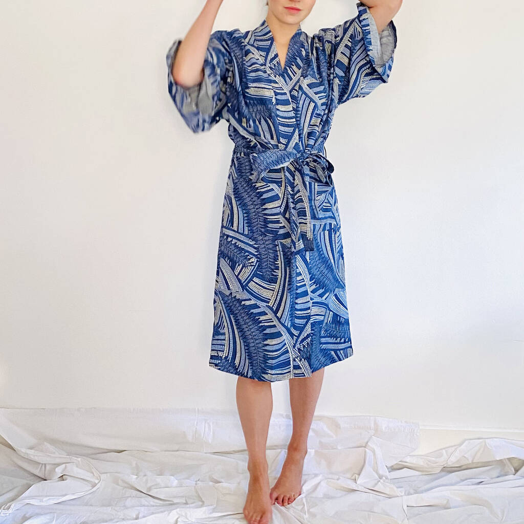 Wrap Kimono In Slate Blue Feathery Print By Caro London