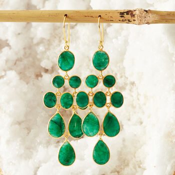 Emerald Gold Plated Silver Long Chandelier Earrings, 2 of 9