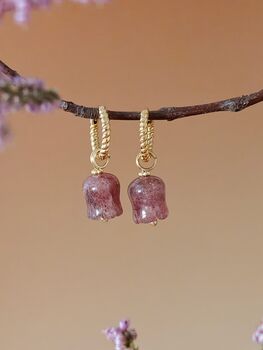Strawberry Quartz Lily Twisted Huggie Hoop Earrings, 6 of 11