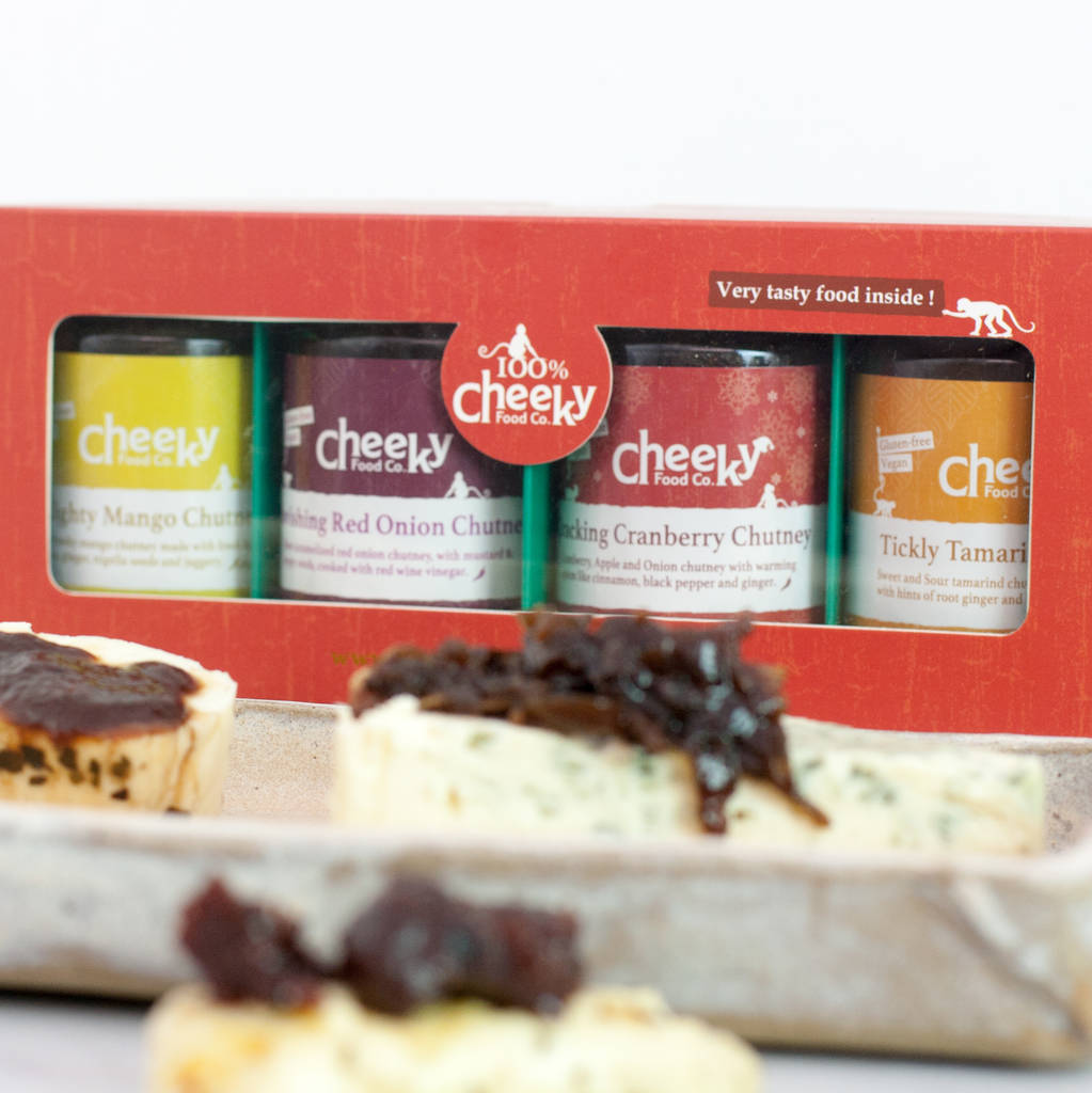 gift box of four gluten free chutneys for cheese by cheeky