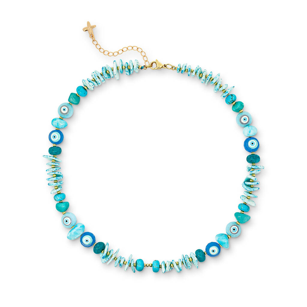 Blue Mixed Natural Jade Stone And Shell Beaded Necklace