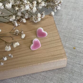 Small Heart Earrings Ceramic Stud Earrings Bright Pink Clay Earrings, 3 of 6